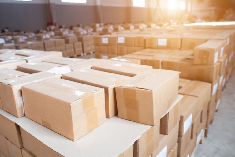 boxes stacked in a warehouse